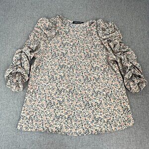 Vertiche Floral‎ Blouse Ruched Sleeve Tan Blue Green Orange Polyester Pre-Owned